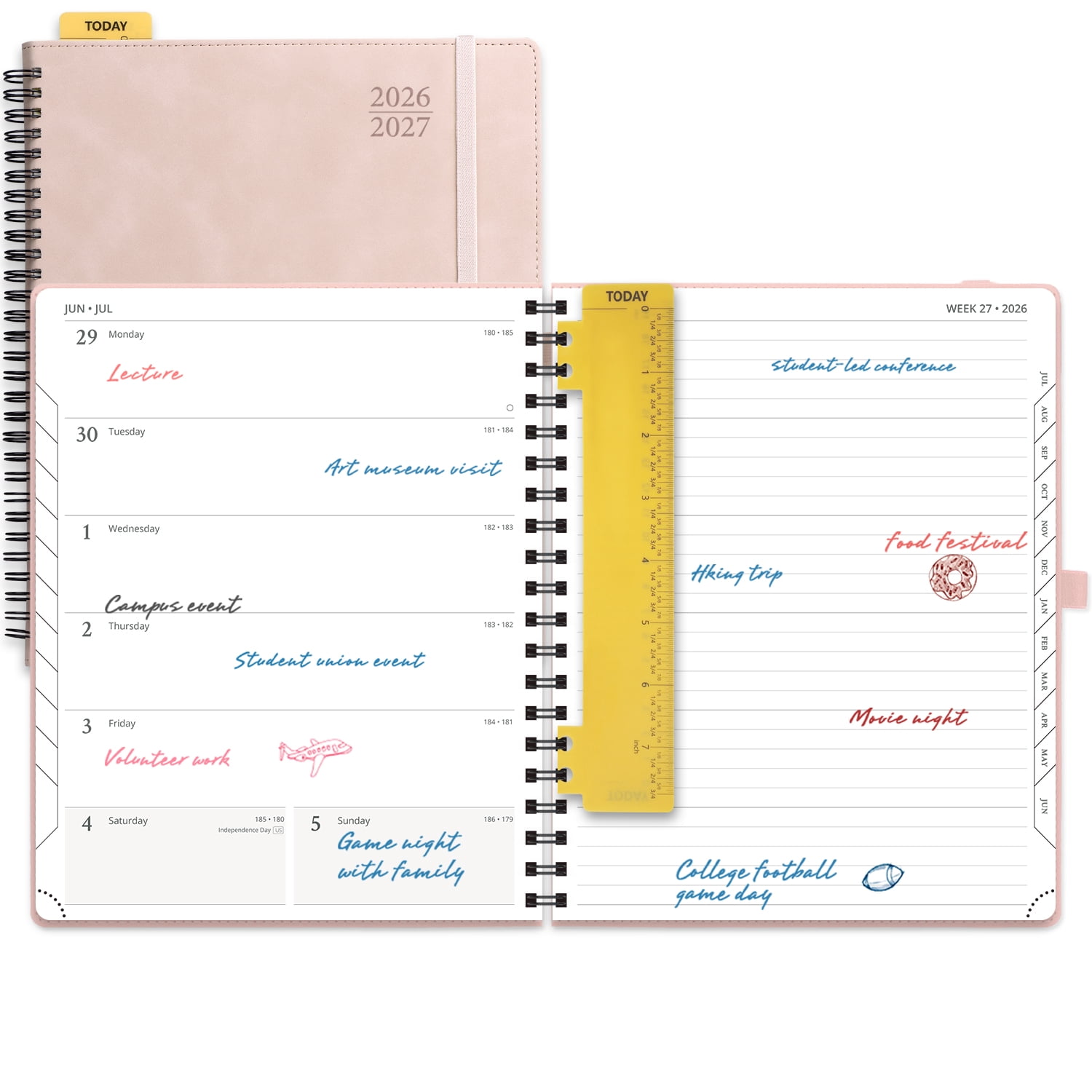 POPRUN Planner 2026-2027, Weekly and Monthly Academic Planner Calendar Notebook, Jul.26-Jun.27, 8.5" x 10.5", Inner Pocket, Monthly Tabs, Spiral Leather Cover - Soft Pink