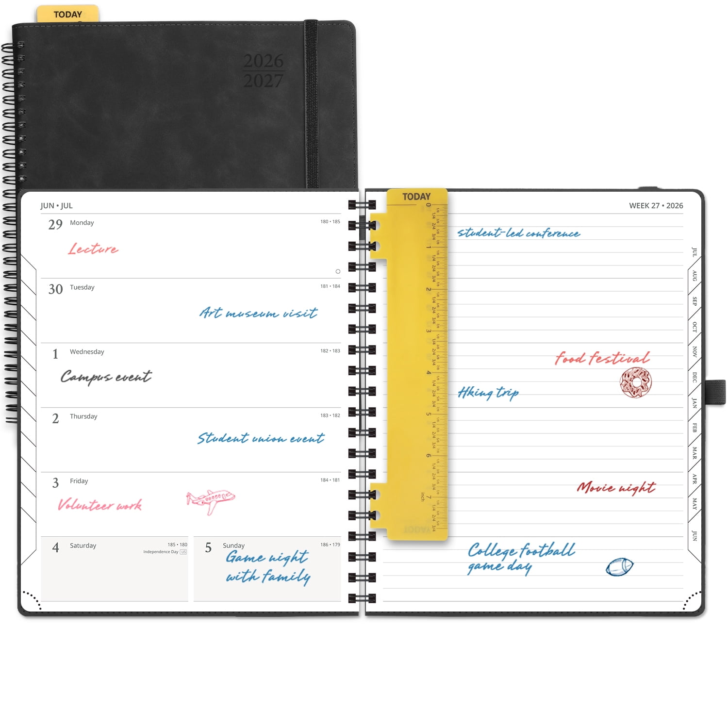POPRUN Planner 2026-2027, Weekly and Monthly Academic Planner Calendar Notebook, Jul.26-Jun.27, 8.5" x 10.5", Inner Pocket, Monthly Tabs, Spiral Leather Cover - Black