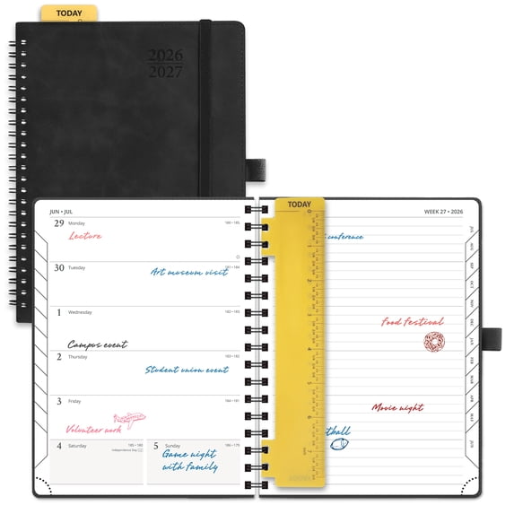 POPRUN Planner 2026-2027, Weekly and Monthly Academic Planner Calendar Notebook, Jul.26-Jun.27, 6.5" x 8.5", Inner Pocket, Monthly Tabs, Spiral Leather Cover - Black