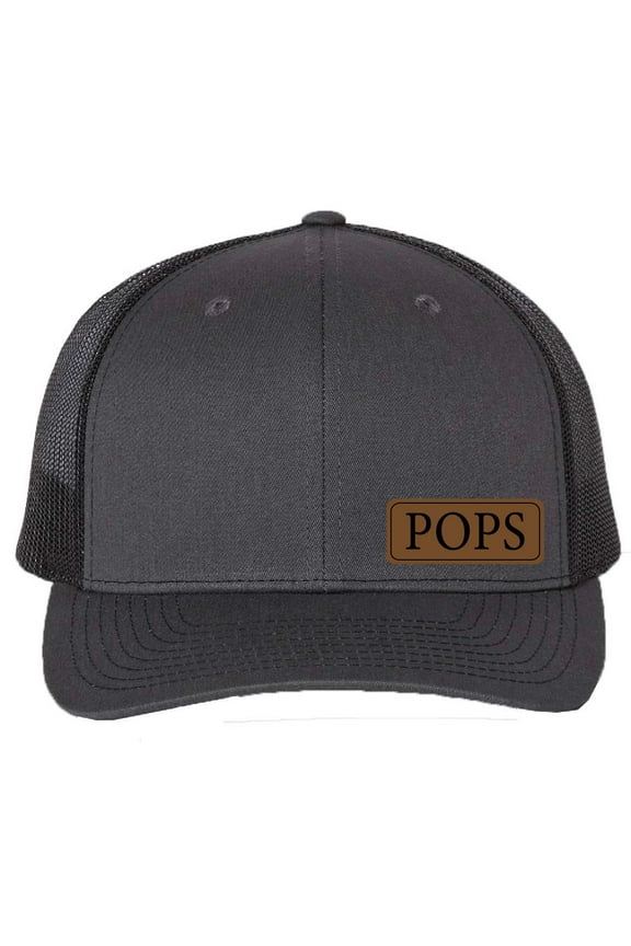 POPS Vegan Leather Patch Cap, Richardson 112, Richardson Hat, Dad Hat, Dad Gift, Dad Birthday Gift, Richardson Cap, Leather Richardson, Charcoal Black