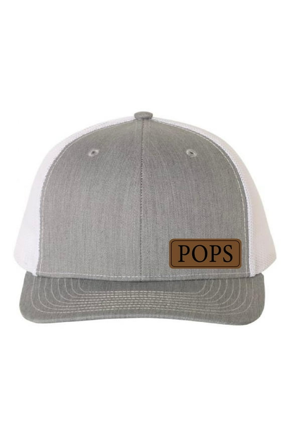 POPS Vegan Leather Patch Cap, Richardson 112, Richardson Hat, Dad Hat, Dad Gift, Dad Birthday Gift, Richardson Cap, Leather Richardson, Heather Grey White