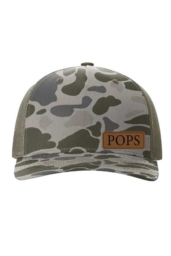 POPS Vegan Leather Patch Cap, Richardson 112, Richardson Hat, Dad Hat, Dad Gift, Dad Birthday Gift, Richardson Cap, Leather Richardson, Marsh Camo
