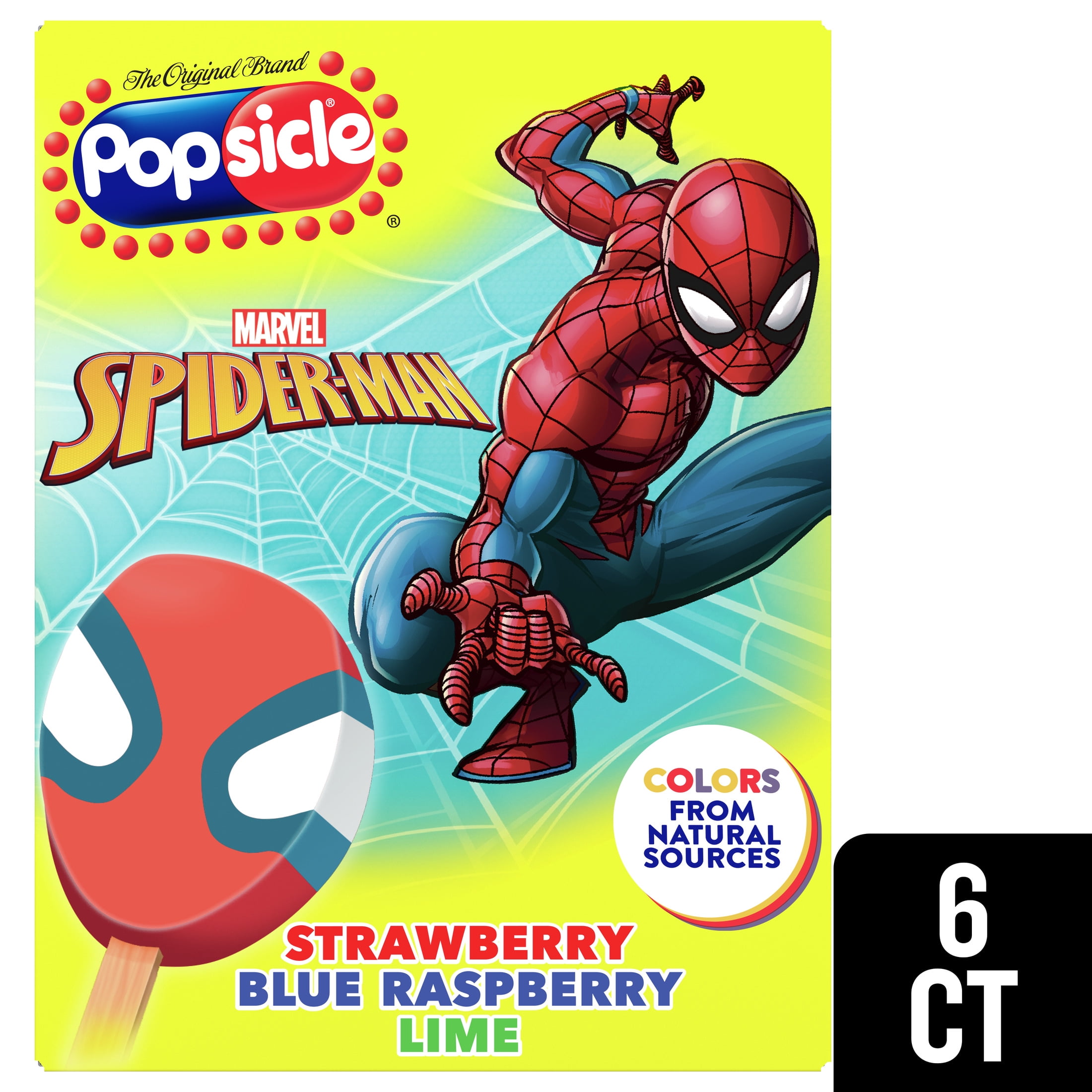 Popsicle Spiderman Colors from Natural Sources Stawberry Blue Raspberry Lime Ice Cream Bars, 6 Count