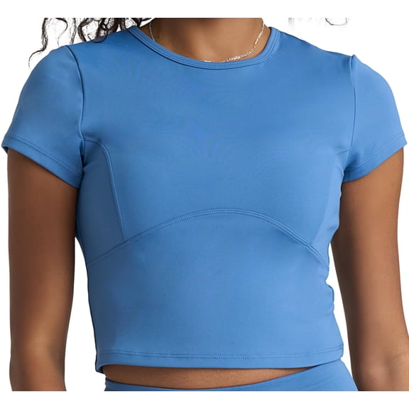 POPSUGAR Short Sleeve Athletic Tops for Women, Fitted Feminine Seamed Workout Shirts Breathable Gym Running Yoga Tshirts Blue Mist, Small