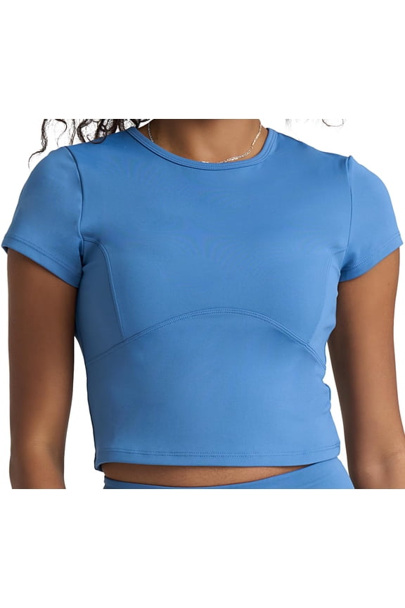 Short Sleeve Athletic Tops for Women, Fitted Feminine Seamed Workout Shirts Breathable Gym Running Yoga Tshirts Blue Mist, X-Large
