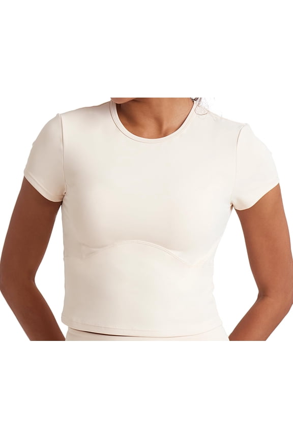 Short Sleeve Athletic Tops for Women, Fitted Feminine Seamed Workout Shirts Breathable Gym Running Yoga Tshirts Latte, Medium