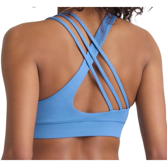 POPSUGAR Sports Bra for Women, Criss-Cross Back Padded Strappy Yoga Bra Workout Tops with Medium Support and Removable Cups Blue Mist, Medium