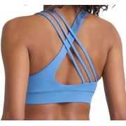 POPSUGAR Sports Bra for Women, Criss-Cross Back Padded Strappy Yoga Bra Workout Tops with Medium Support and Removable Cups Blue Mist, Small