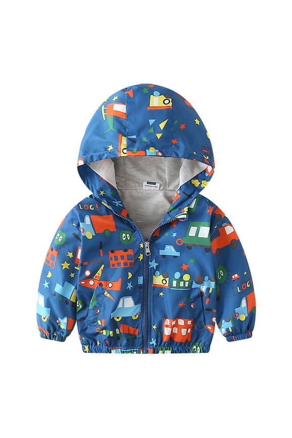 Boy Jacket Hooded Car Print Long Sleeve Zip Up Windbreaker Blue 2-6T