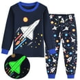 thumbnail image 1 of POPTEM Boy Pajamas Long Sleeves Glow in the Dark Rocket Graphic Sleepwear 2-Piece Size 7, 1 of 8