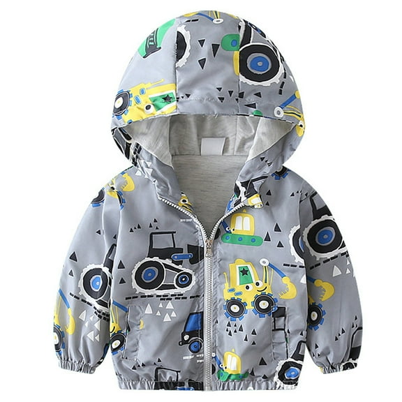 POPTEM Boy Windbreaker Hooded Excavator Print Long Sleeve Zip Up Jacket Gray 2-6T