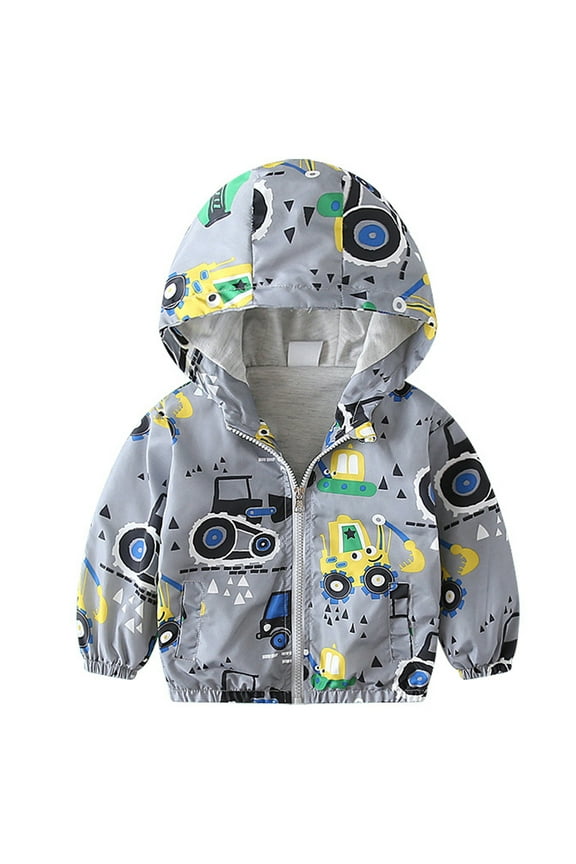 Boy Windbreaker Hooded Excavator Print Long Sleeve Zip Up Jacket Gray 2-6T