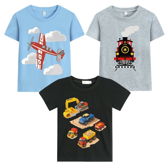POPTEM Boys 3-Pack T-Shirt Airplane Train Excavator Graphic Tee Short Sleeves Top 2-7T