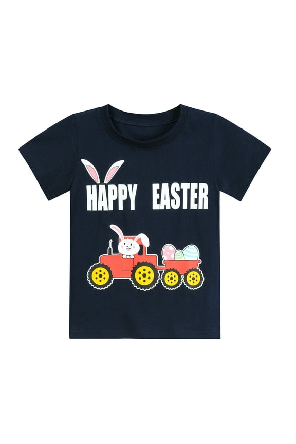 Boys Easter Day T-Shirts Bunny Graphic Tee Short Sleeve Tops Navy Blue 6T