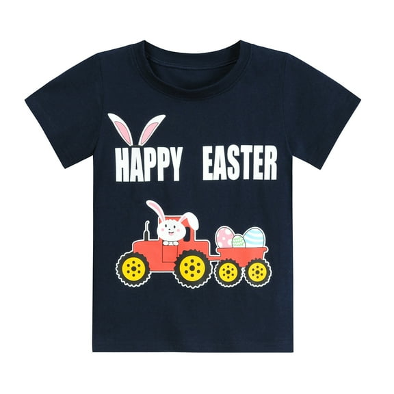 POPTEM Boys Easter Day T-Shirts Bunny Graphic Tee Short Sleeve Tops Navy Blue 6T