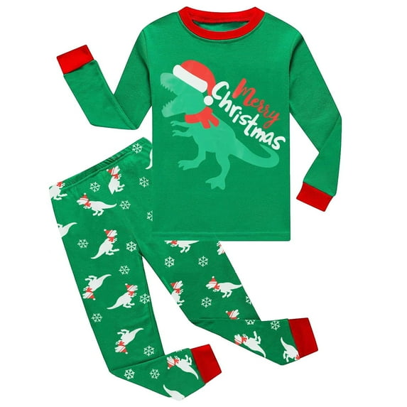 POPTEM Kids Christmas Pajamas Dinosaur Graphic Holiday Sleepwear 2-Piece Green Size 6