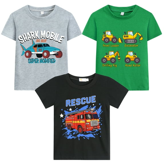 POPTEM Boys Graphic Tee Fire Truck and Cars Short Sleeves Top 3-Pack T-Shirt 6T