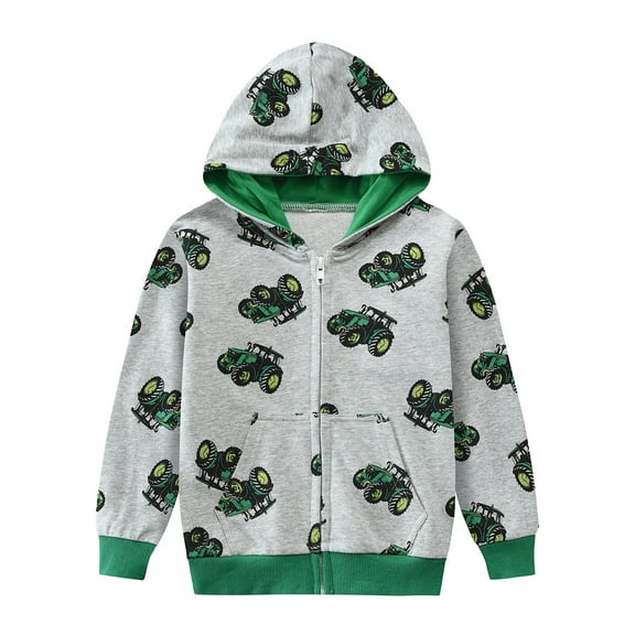 POPTEM Boys Hoodies with Pocket Zip-up Jacket Tractor Graphics Hooded Sweatshirt for Kids Gray 7T