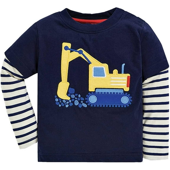 POPTEM Boys Long Sleeve Shirts Excavator Printed Cotton Graphic Tees Blue Size 6