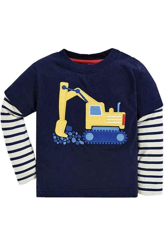 Boys Long Sleeve Shirts Excavator Printed Cotton Graphic Tees Blue Size 6
