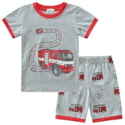 POPTEM Boys Pajamas Short Sleeve Fire Truck Pjs Cotton Sleepwear Sets 2-Pieces Red 7T