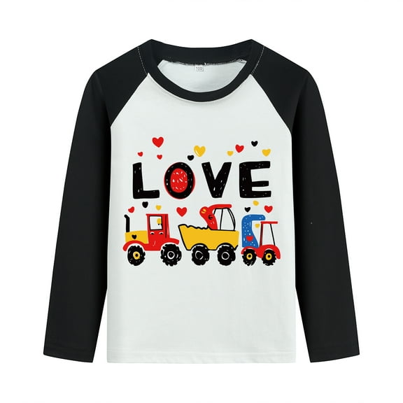 POPTEM Boys Valentines Day Shirt Long Sleeve Tractor Print Crewneck Kids Clothes Black 7T