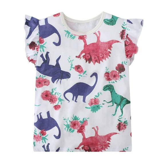 POPTEM Girl Ruffle Sleeve Shirts Dinosaur Graphic Cotton Summer Tees Top 7T