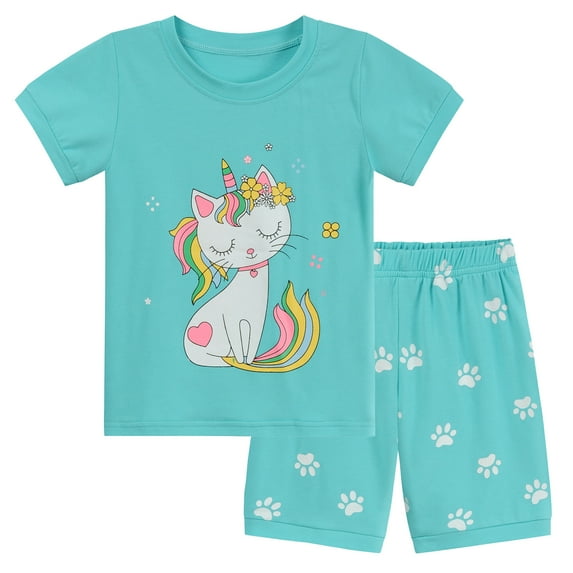 DDSOL Girls Pajamas Cat Graphic Short Sleeves Pjs Cotton 2-Piece Sleepwear Sets Mint Green 2-7T