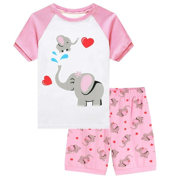 DDSOL Girls Pajamas Short Sleeves Elephant Pjs Cotton 2-Piece Sleepwear Sets Pink 6T