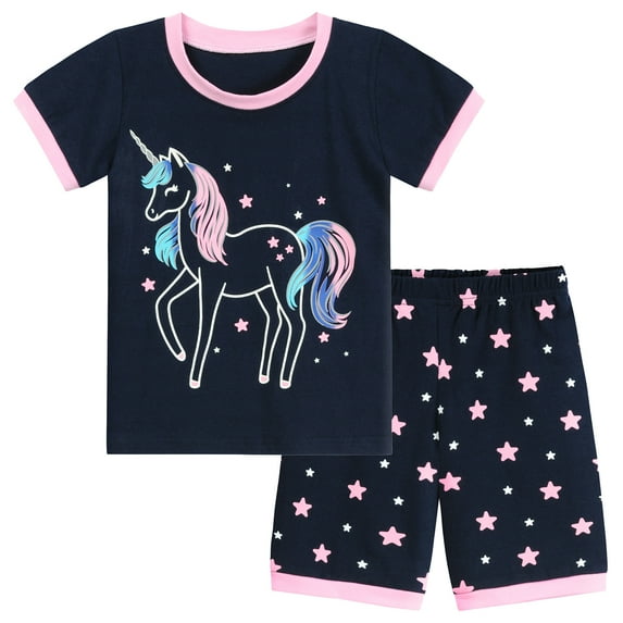 DDSOL Girls Pajamas Short Sleeves Pjs Cotton 2-Piece Sleepwear Sets Navy Blue 2-7T