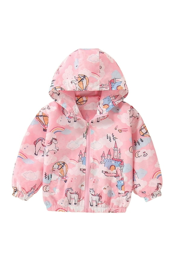 Girls Windbreaker Hooded Pony Graphic Outwear Lightweight Zip Up Jacket Pink 6T