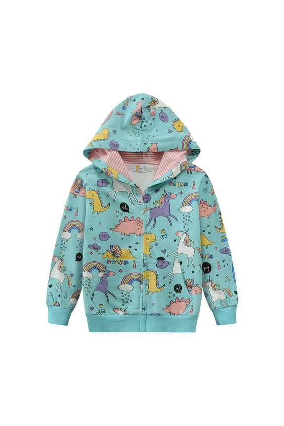 Girls Hoodie Dinosaur Graphic Sweatshirt Zip Up Outwear Jacket Blue Size 6