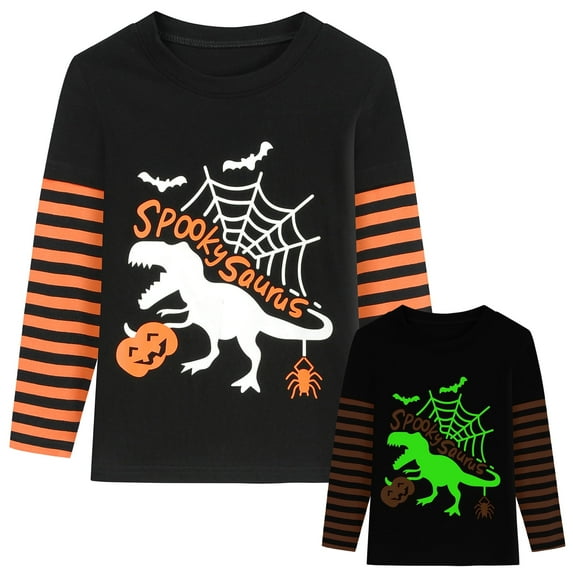 POPTEM Halloween Shirts for Kids Glow in the Dark Dinosaur Long Sleeve Tee Fall Clothes 6T