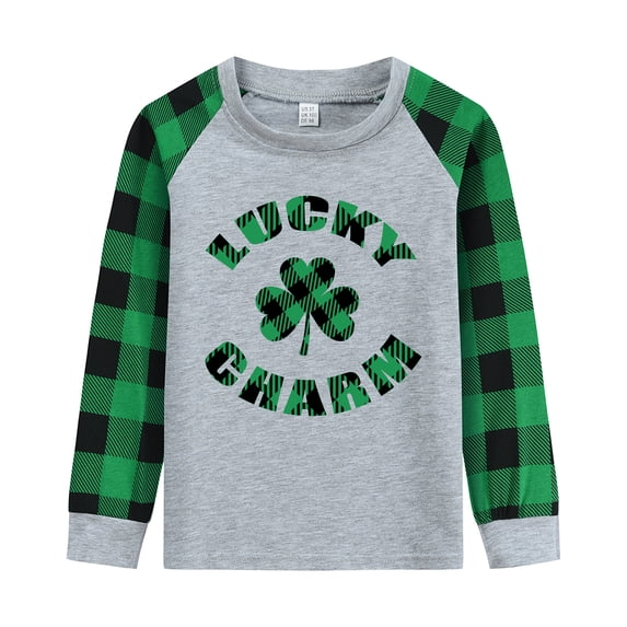 POPTEM St.Patrick's Shirt for Toddler Boys Long Plaid Sleeve Shirt Crewneck Green 4T