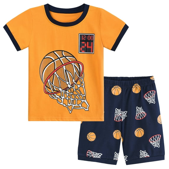 POPTEM Toddler Boy Basketball Pajamas Short Sleeve Pjs Cotton Sleepwear Sets 2-Pieces Yellow 3T