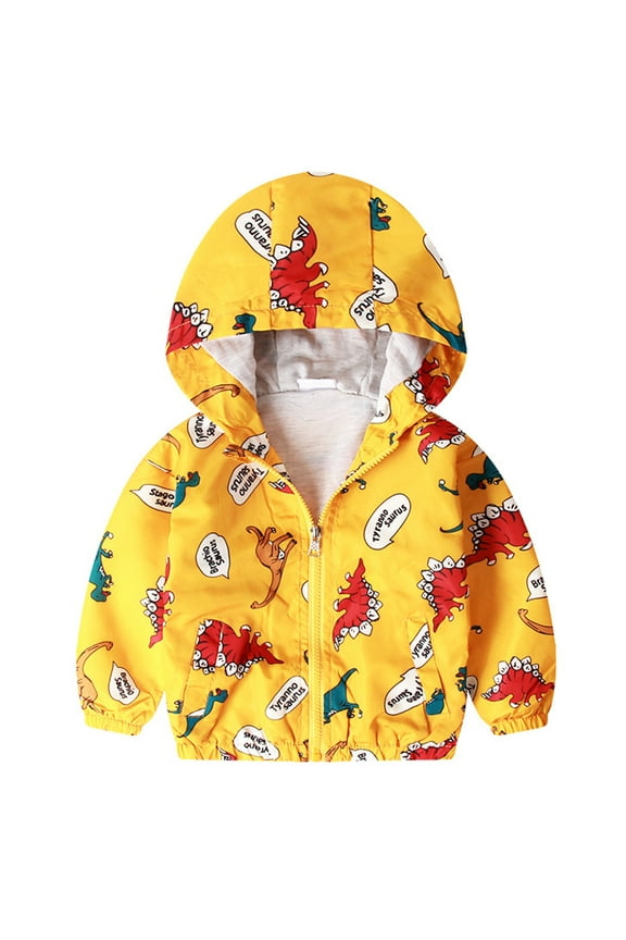 Toddler Boy Dinosaur Jacket Hooded Long Sleeve Zip Up Windbreaker Yellow 5T