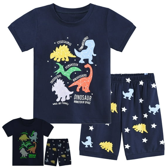 POPTEM Toddler Boy Dinosaur Pajamas Glow in the Dark Short Sleeves 2-Pieces Sleepwear Navy Blue 4T