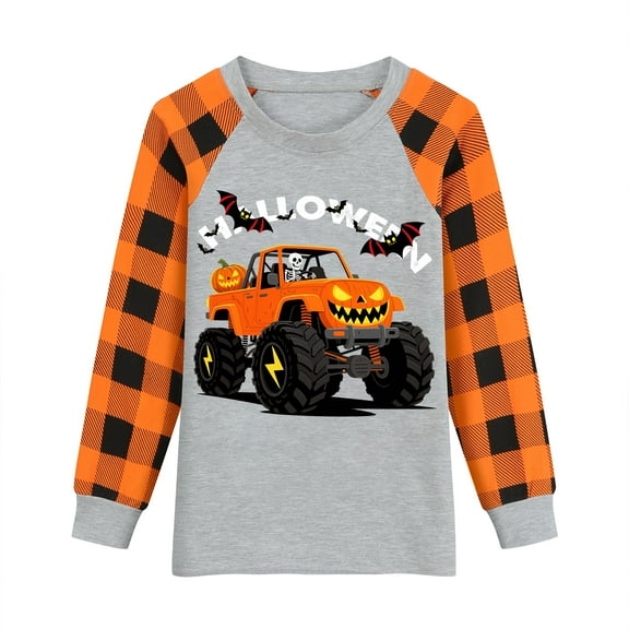 POPTEM Toddler Boy Halloween T-Shirt Pumpkin Truck Graphics Long Sleeve Tops 4T