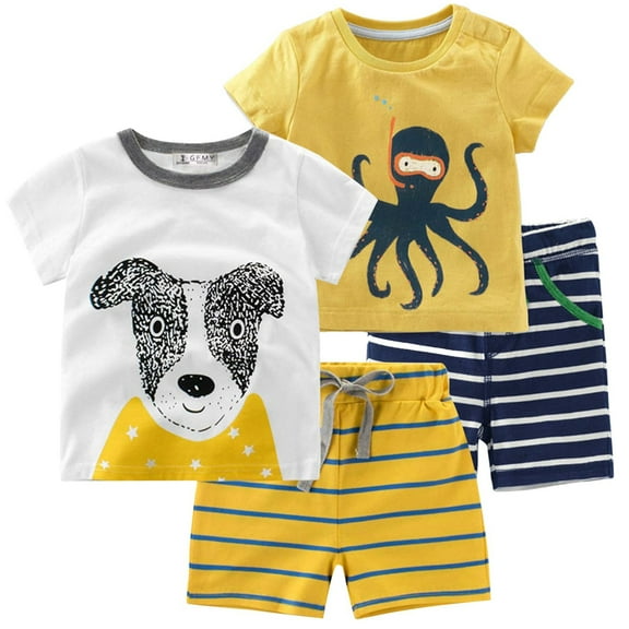 POPTEM Toddler Boy Pajamas Short Sleeve Puppy Octopus Pjs Cotton Sleepwear Sets 4-Piece 5T