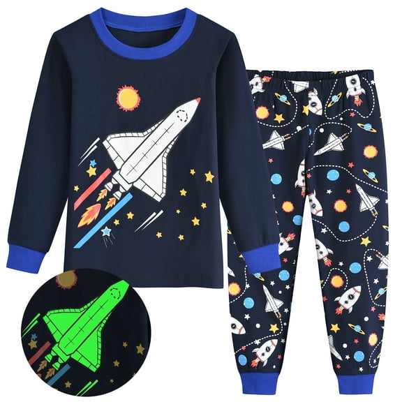 POPTEM Toddler Boy Rocket Pajamas Long Sleeves Glow in the Dark Sleepwear 2-Piece 4T