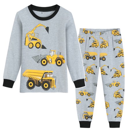 POPTEM Toddler Boys Cotton Pajamas Long Sleeve Excavator Printed Casual Sleepwear Sets Gray 2T