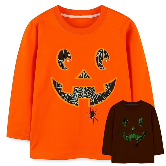 POPTEM Toddler Boys Glow in the dark Halloween T-Shirt Long Sleeve Pumpkin Spider Printed Cotton Clothes 3T