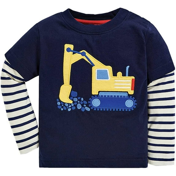 POPTEM Toddler Boys Long Sleeve Shirts Cotton Excavator Printed Graphic Tees Blue 4T