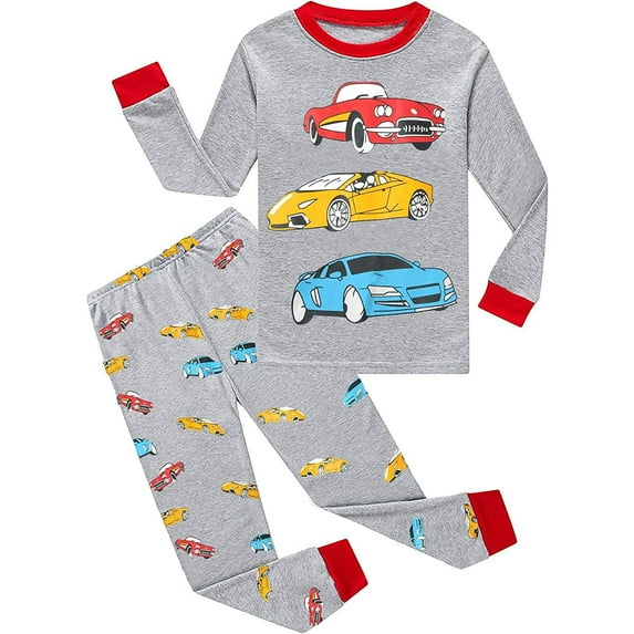 POPTEM Toddler Boys Pajamas Car Printed Shirt Long Pants Cotton Sleepwear for Kids 2-Piece 2T
