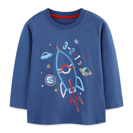 POPTEM Toddler Boys Shirts Long Sleeves Dinosaur Graphic Cotton Tops Navy Blue 4T