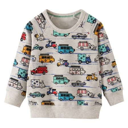 POPTEM Toddler Sweatshirt Boys Sweatshirts Crewneck Car Long Sleeve Shirts Boys Clothes White 2T