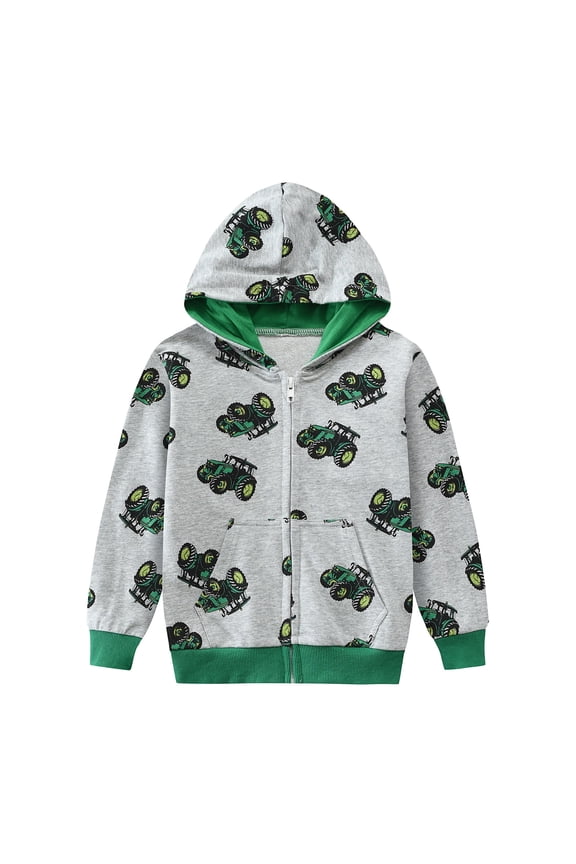 Toddler Boys Zip-up Hoodies Tractor Jacket with Pocket Hooded Sweatshirt Kids Fall Clothes Gray 2T
