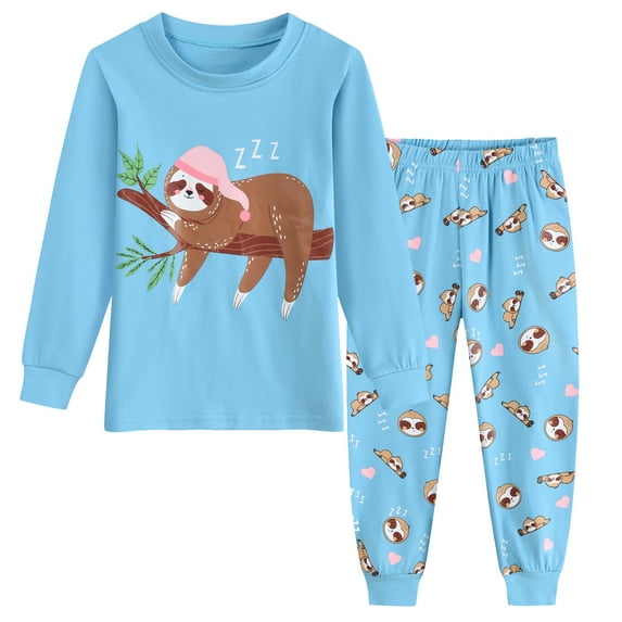 POPTEM Toddler Girl Pajamas Long Sleeves Animal Print Cotton Sleepwear 2-Piece Blue 5T