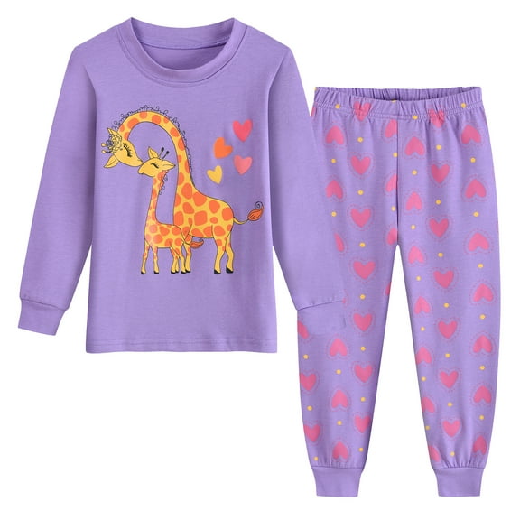 POPTEM Toddler Girl Pajamas Long Sleeves Giraffe Pjs Cotton Sleepwear 2-Piece Purple 2T