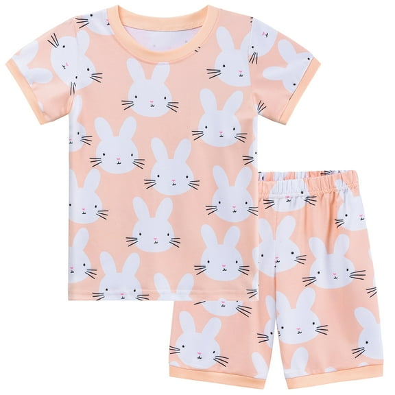 POPTEM Toddler Girls Bunny Pajamas Short Sleeve 2-Pieces Sleepwear Sets Orange 2T